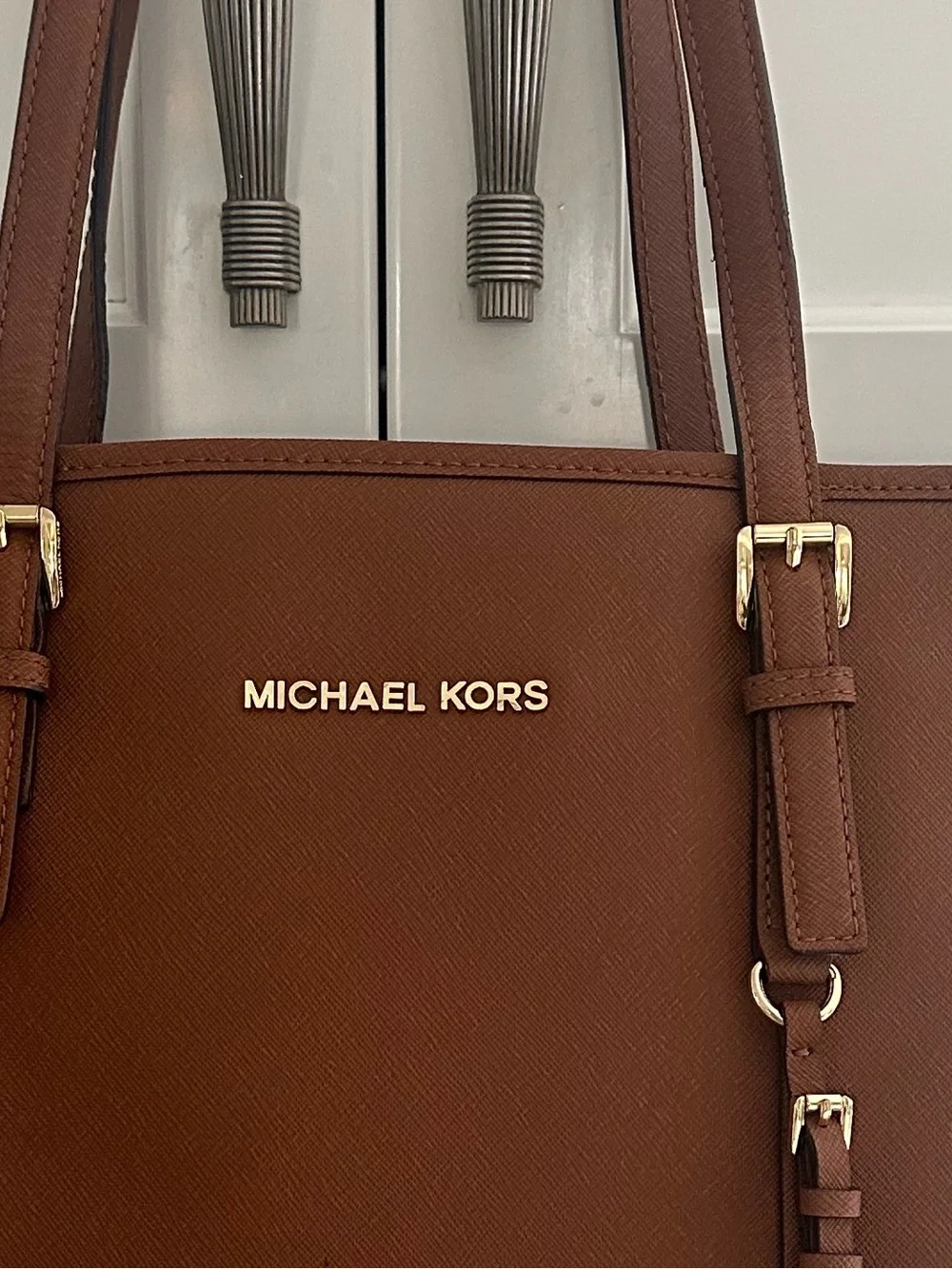Michael Kors Vintage Logo Lettering  Cognac Leather Tote with Gold Hardware